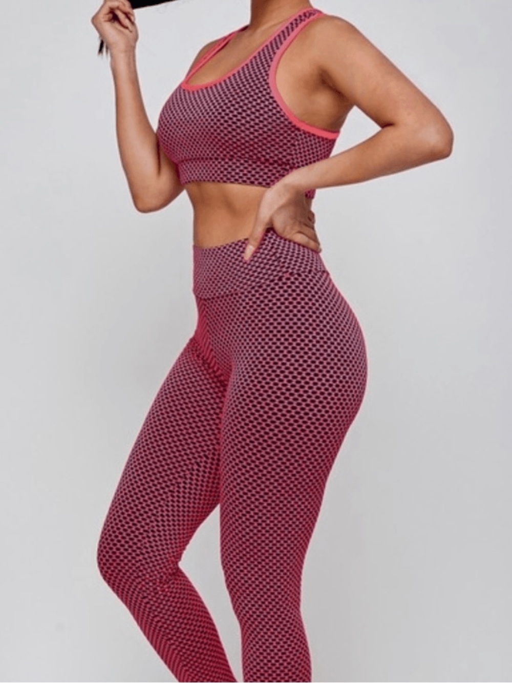 High-Waist Textured Pink Seamless Leggings and Bra Top Set